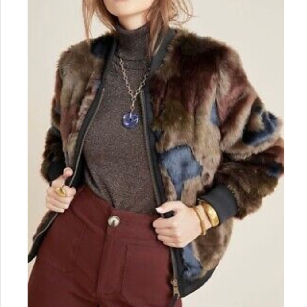 Anthropologie Marrakech camo faux fur bomber jacket